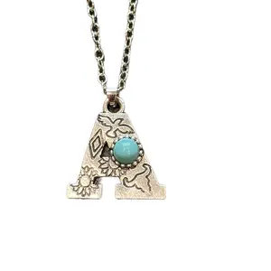 Western Letter Necklace with Silver-Turquoise Stone, Silver Chain, and Decorative Elements