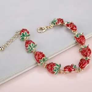 Elegant 2-piece Women's Strawberry Bracelet in Alloy Material with Rustic Style for Daily & Vacation Wear 18cm+5cm Length Personalized Enamel Oil Drop Pendant Set