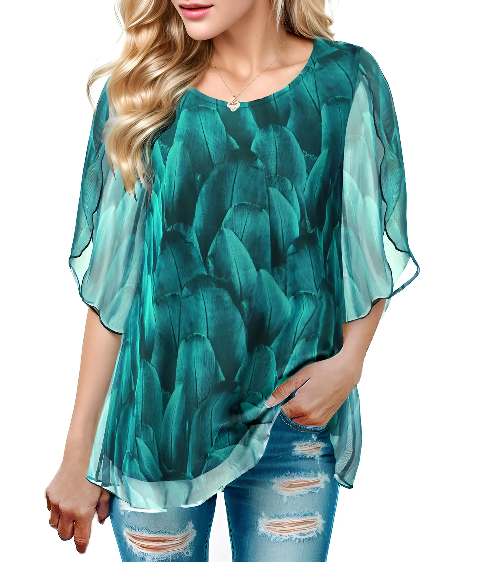Zeagoo Women's Half-Sleeve Layered Flowy Chiffon Blouse - Lady's Lightweight, Casual, Chic Round Neck Top for Evening Wear, Style, Comfortable, Going Out, Scoop Neck, Office Ootd, Ootd Ideas, Soft, Shirts