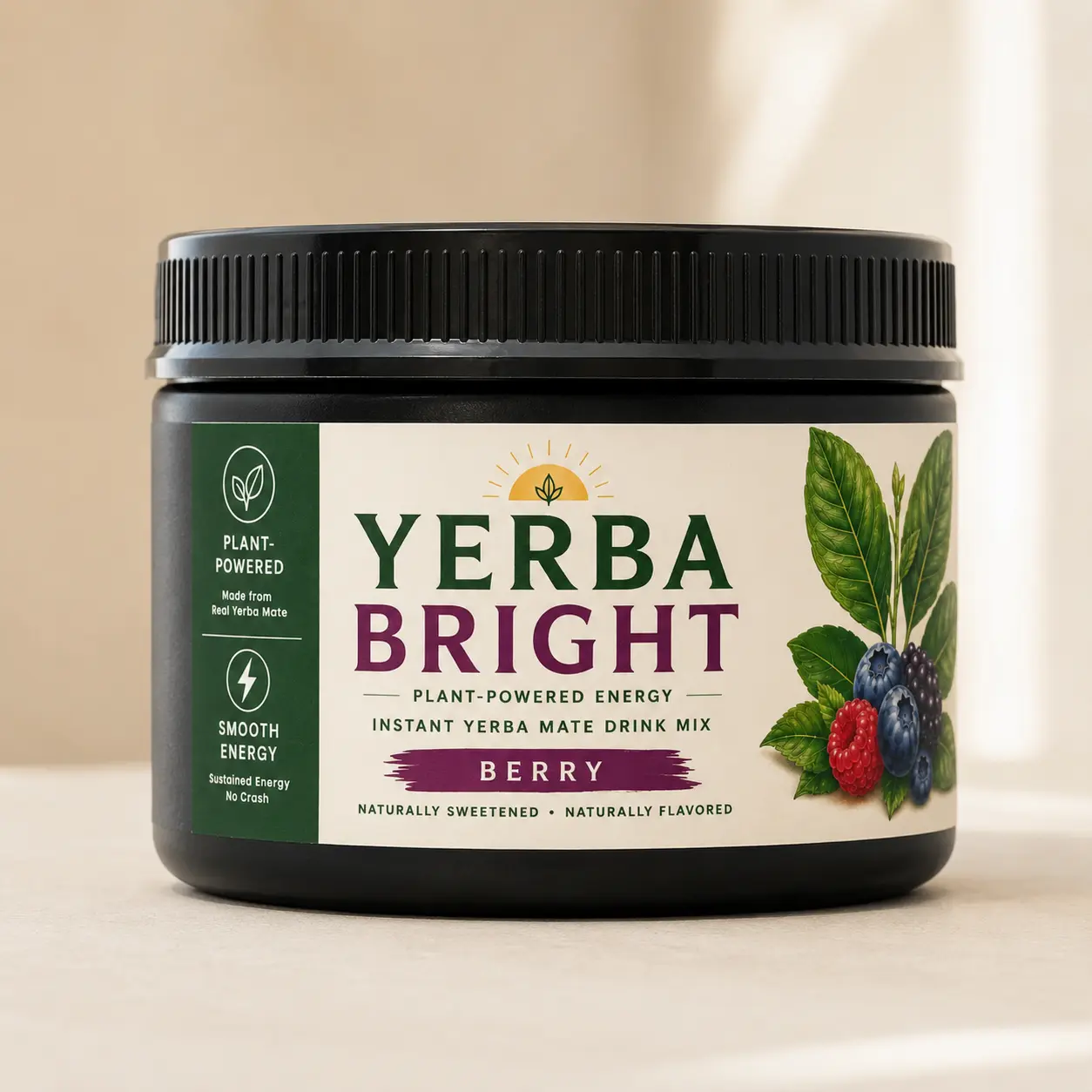 Yerba Bright - Instant Yerba Mate Drink Mix - Berry Flavor - 20-Serving Jar - All-Natural Plant Powered Energy