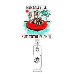 Skeleton & Letter Pattern Retractable Badge Reel, 1 Count/20pcs Acrylic ID Holder with Clip for Nurses, Doctors, Nursing Students & Office Staff, Halloween, Badge Reels Retractable