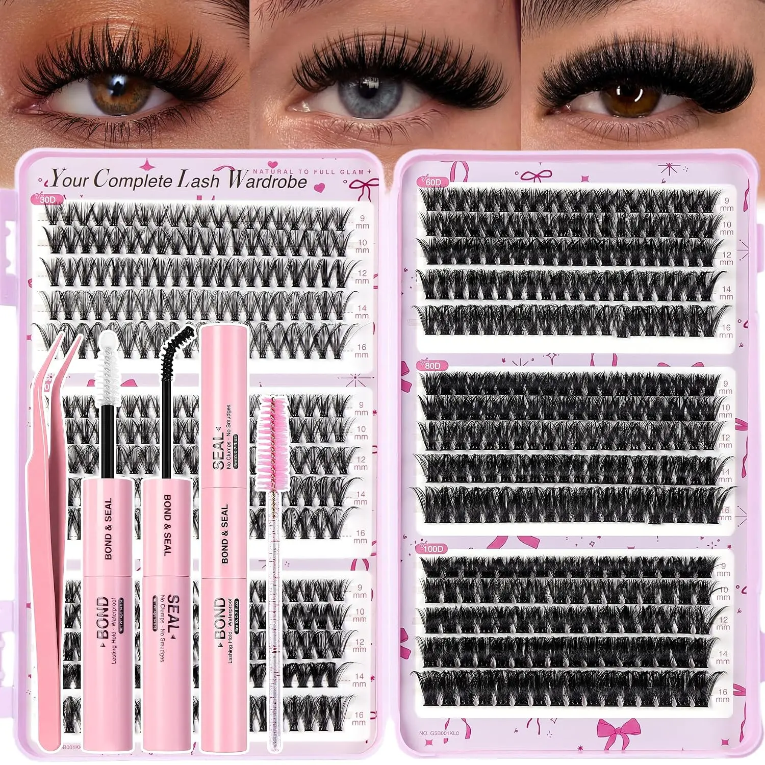 PopUp Lash Clusters Kit 580pcs Cluster Eyelash Extensions with Lash Bond Seal,Tweezers,Brush for Beginners Fluffy Wispy Individual Lash Extension D Curl (30D+40D+50D+60D+80D+100D)