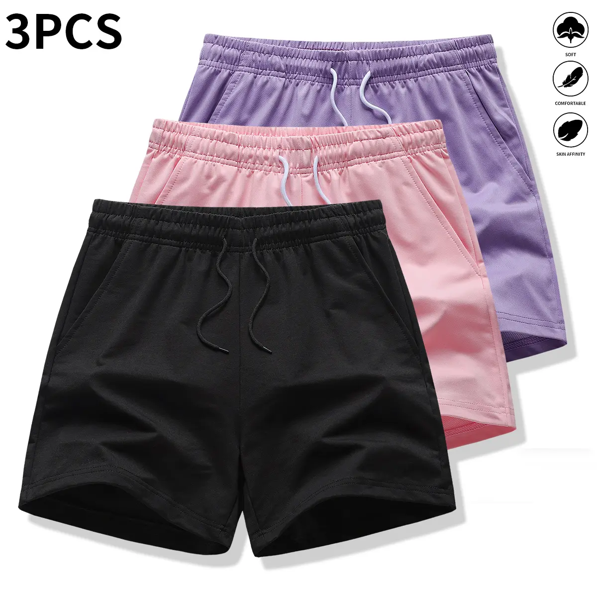 Women's Solid Color Active Outdoor-Ready Casual Athletic Shorts (Pack of 3), Suitable for Fitness, Running, Casual Wear