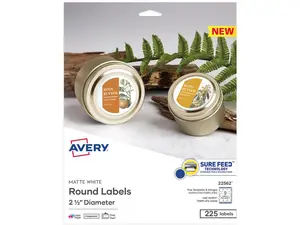 Avery Printable Round Labels, 2.5" Diameter, Matte White, 225 Customizable Labels (22562)