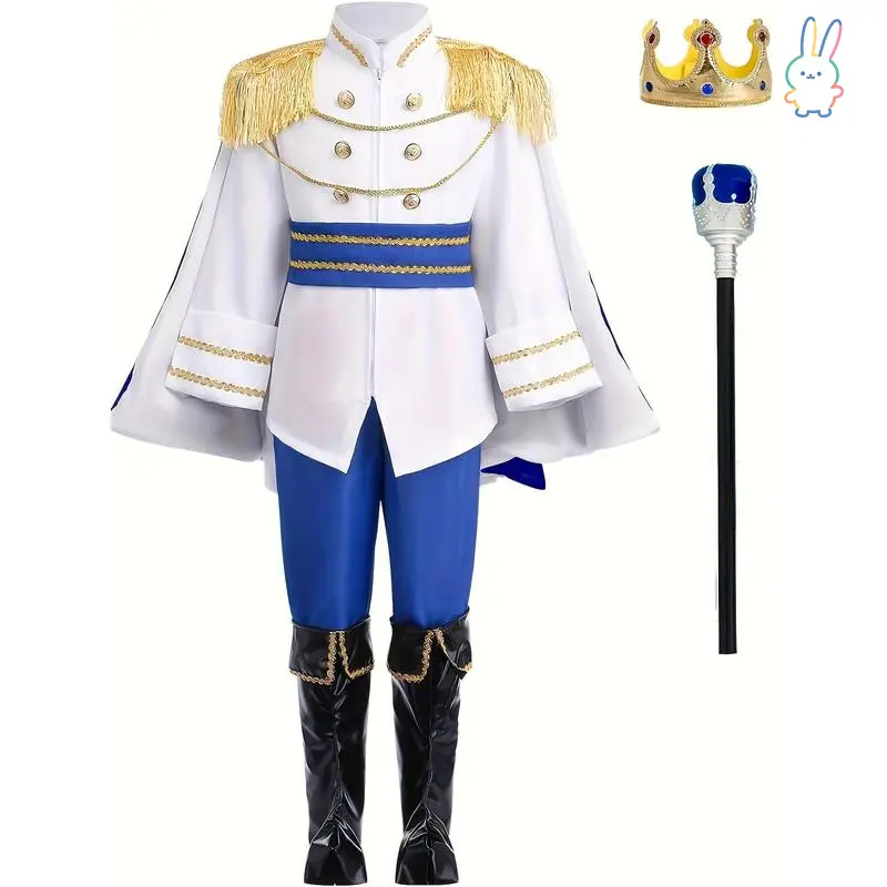 7-piece boy's costume, featuring a prince character, includes a top, crown, pants, shoe covers, scepter, cape, and belt, perfect Halloween celebrations