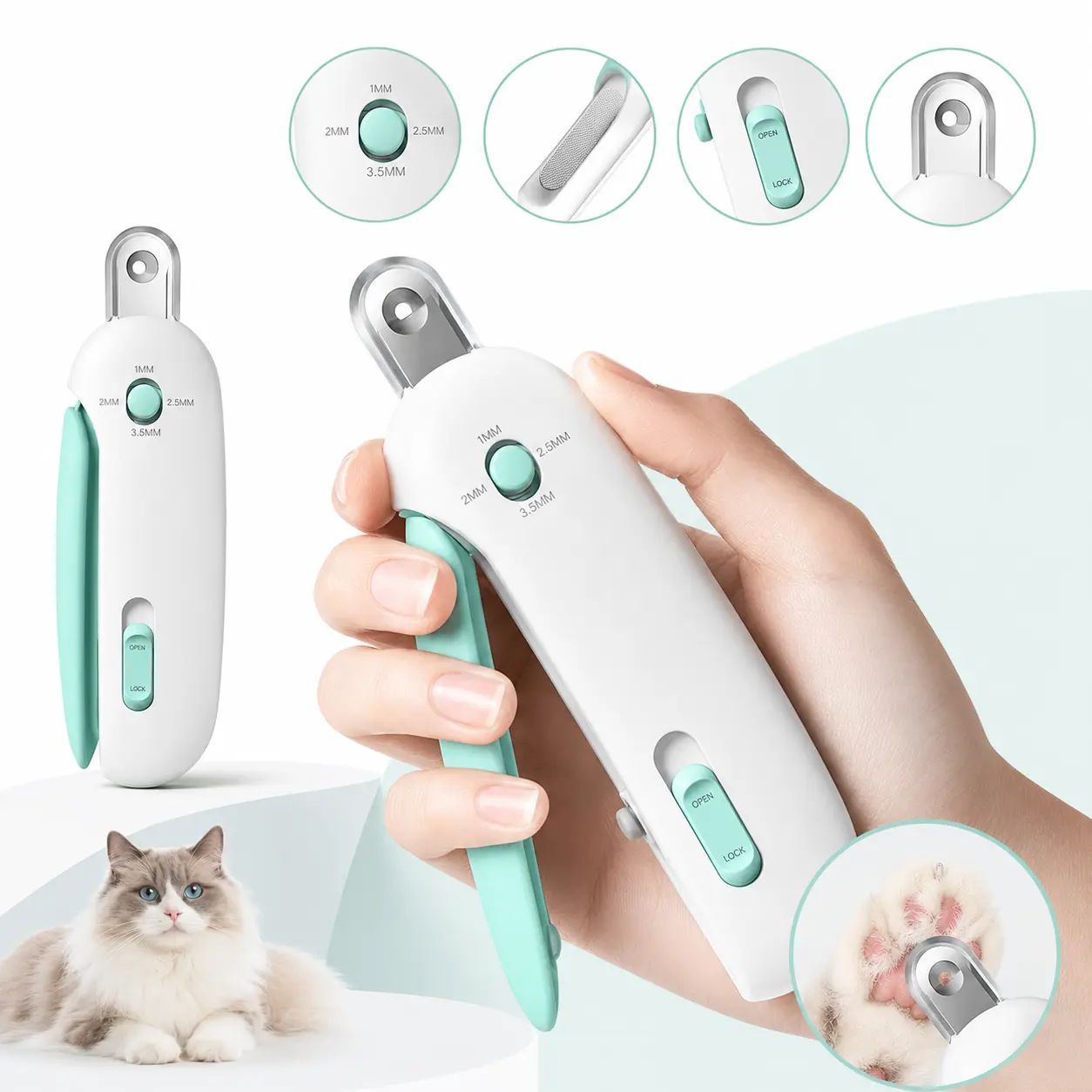 Adjustable Cat Nail Clipper, 4-Size Round Hole Pet Nail Trimmer with Built-In Nail File & Clipping Catcher, Lockable Grooming Tool for Kittens, Indoor Cats & Small Pets, White Mint/Pink
