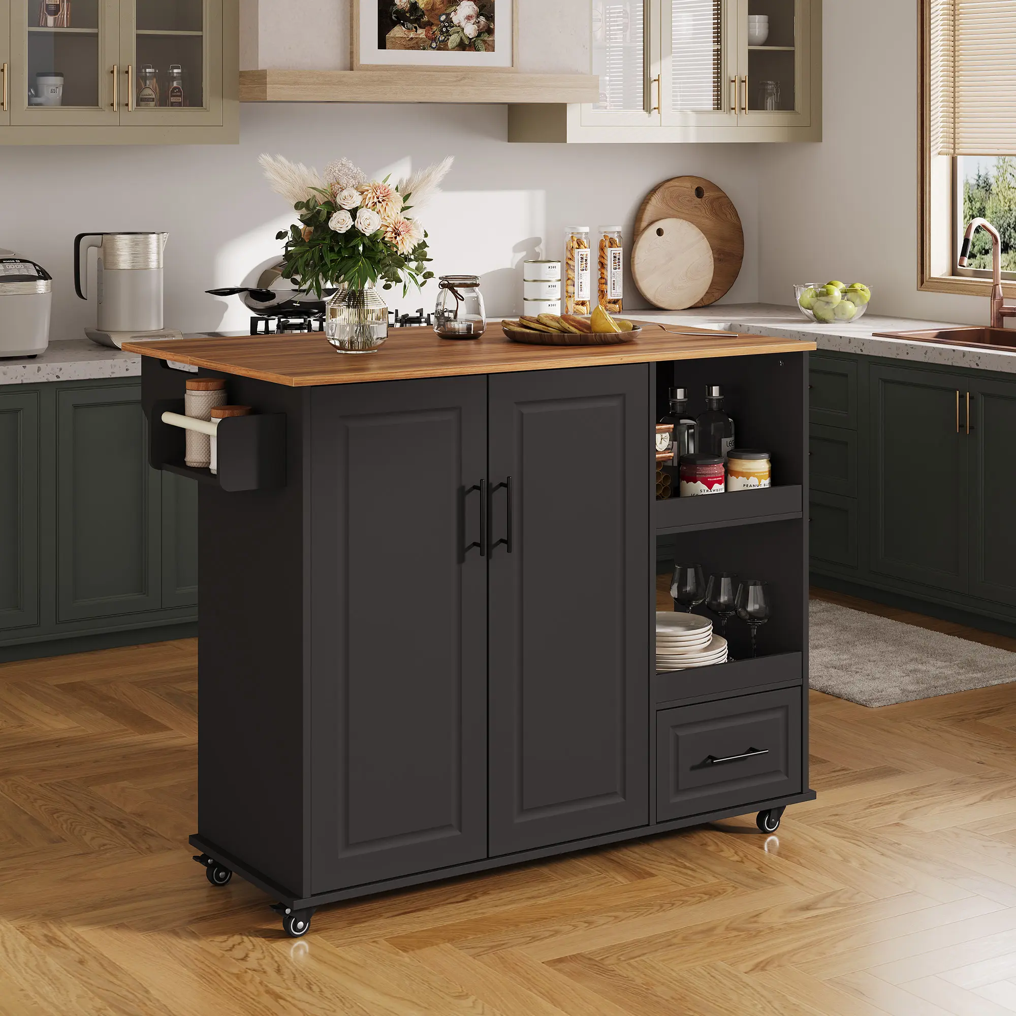 Mobile Spacious Kitchen Island Cart Furniture - 48in Butcher Block Wood Countertop, Drop Leaf, Drawer, Open Shelf, Spice Rack, Lockable Wheels, Portable Customizable Organizer for Kitchen, Dining Room, Storage Space