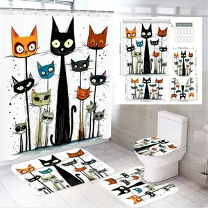 1/4-piece cat bathroom curtain set, colorful cartoon cat shower curtain, includes 2 non-slip bathroom mats and a toilet seat cover, decorative bathroom accessory set, perfect for cat lovers, Bathroom Decoration Accessories