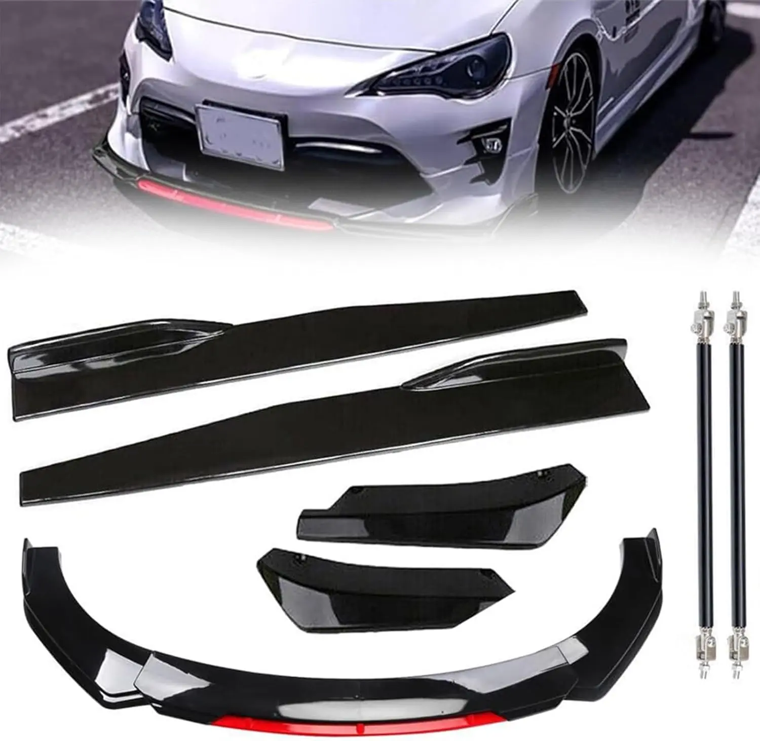 Front Bumper Lip Bumper Spoiler Side Skirt Extensions for 1.9M/6.2FT Wide Cars, Sturdy ABS Air Dam Front Bumper Lip Body Kit Replacement Automotive Vehicles Sedans Glossy Black Red
