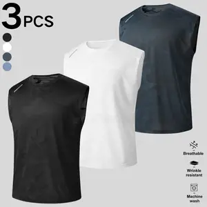 Trendy Men’s 3-Piece Sleeveless T-Shirt Bundle – Assorted Neutral Colors & Camouflage Silhouettes, Modern Streetwear & Athletic Wear