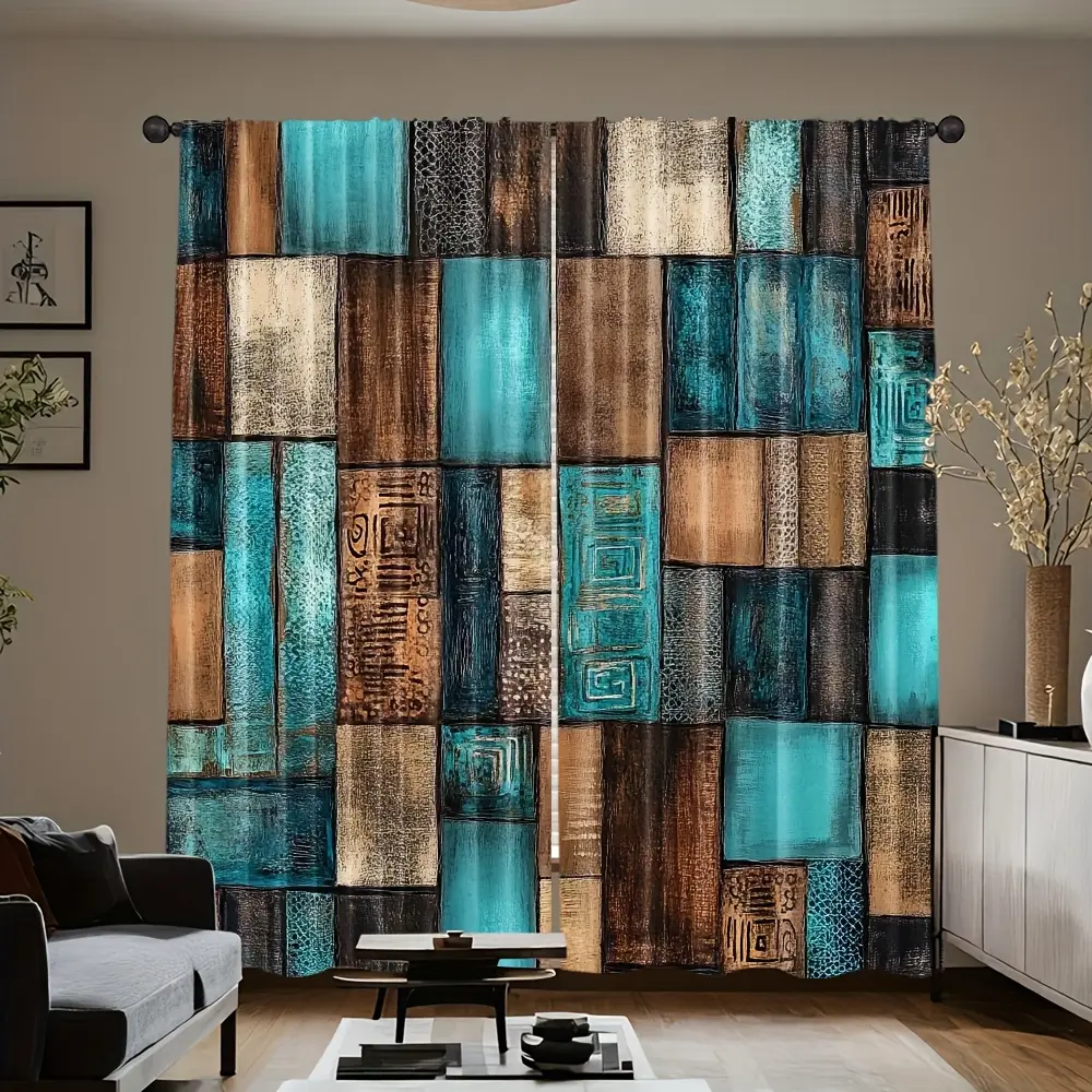 2 pieces, 2D flat, retro abstract plaid square print Upgrade Curtain, translucent polyester material, suitable for room, kitchen, study, bedroom and game room home decoration, suitable for Christmas decoration, Home Decorative Curtain, Window Curtain