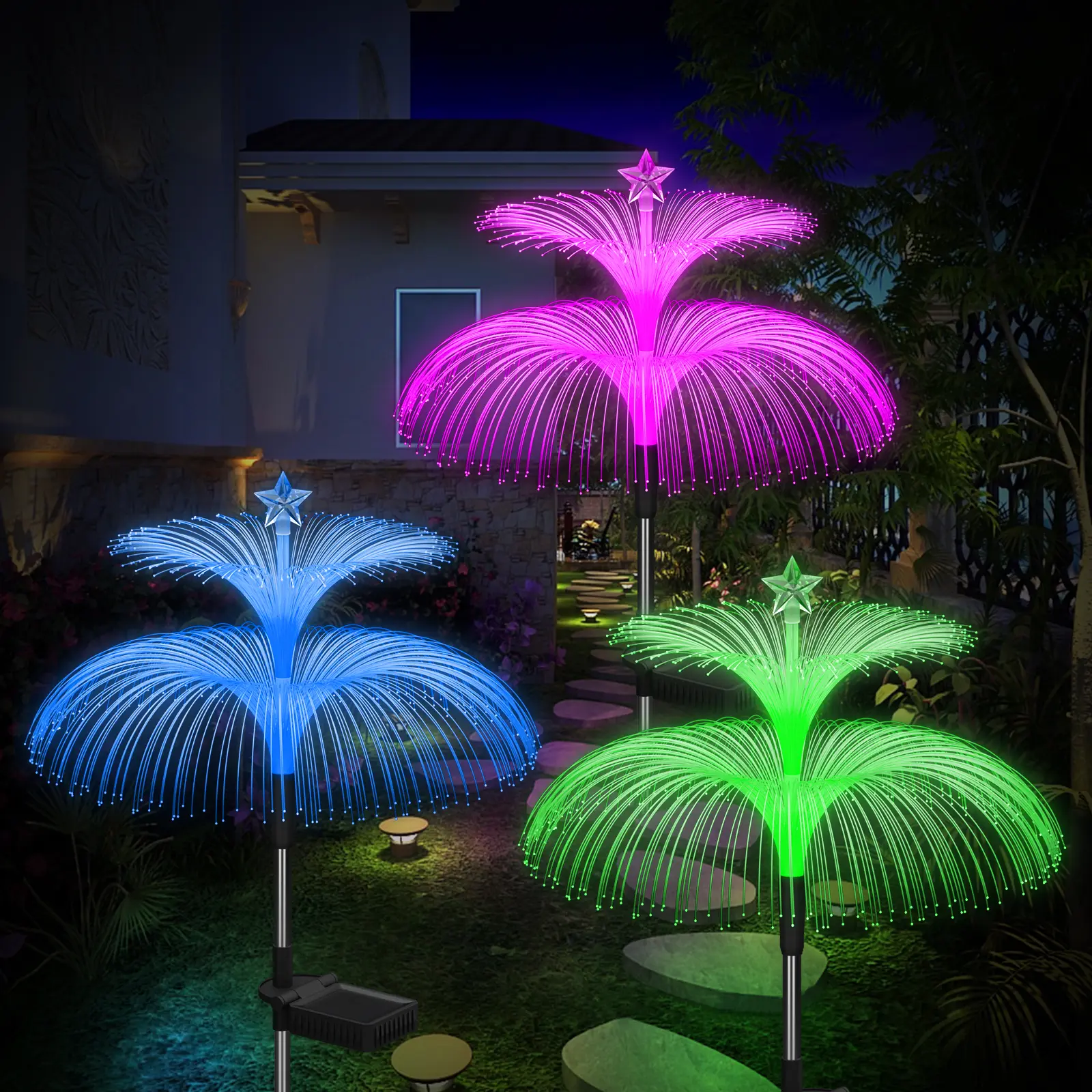 Solar Garden Lights 3 Pack New Upgraded Solar Lights Outdoor Waterproof 7 Color Changing Double Jellyfish and Star Flower Garden Decor Yard Lawn Christmas Outdoor,Gifts for Mother's Day Women Yard Lighting, Jellyfish Lighting, Solar Landscape Lights