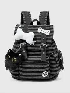 Punk Style Cat Paw Print Bone Star Colorblock Striped Multi-Pocket Backpack, Fashion Casual Unisex Large Capacity Bag for Commuting School, Trendy Backpack Student Travel Feminine Breathable Comfortable