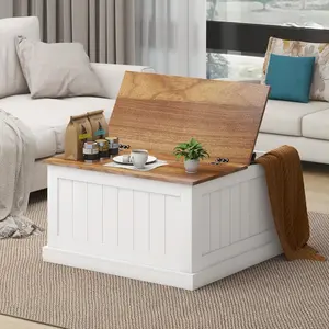 Farmhouse Coffee Table, Square Wood Center Table with Large Hidden Storage Compartment for Living Room, Rustic Cocktail Table with Hinged Lift Top for Home, White