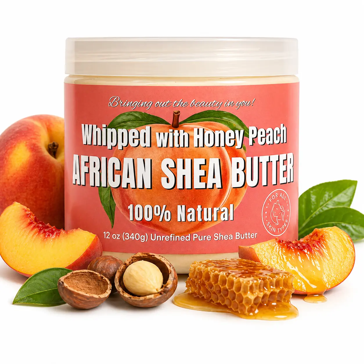 Whipped Shea Body Butter Honey Peach | 100% Pure & Natural African Shea Butter for Men & Women - Ultimate Handcrafted Moisturizer with Essential Vitamins for Radiant Skin