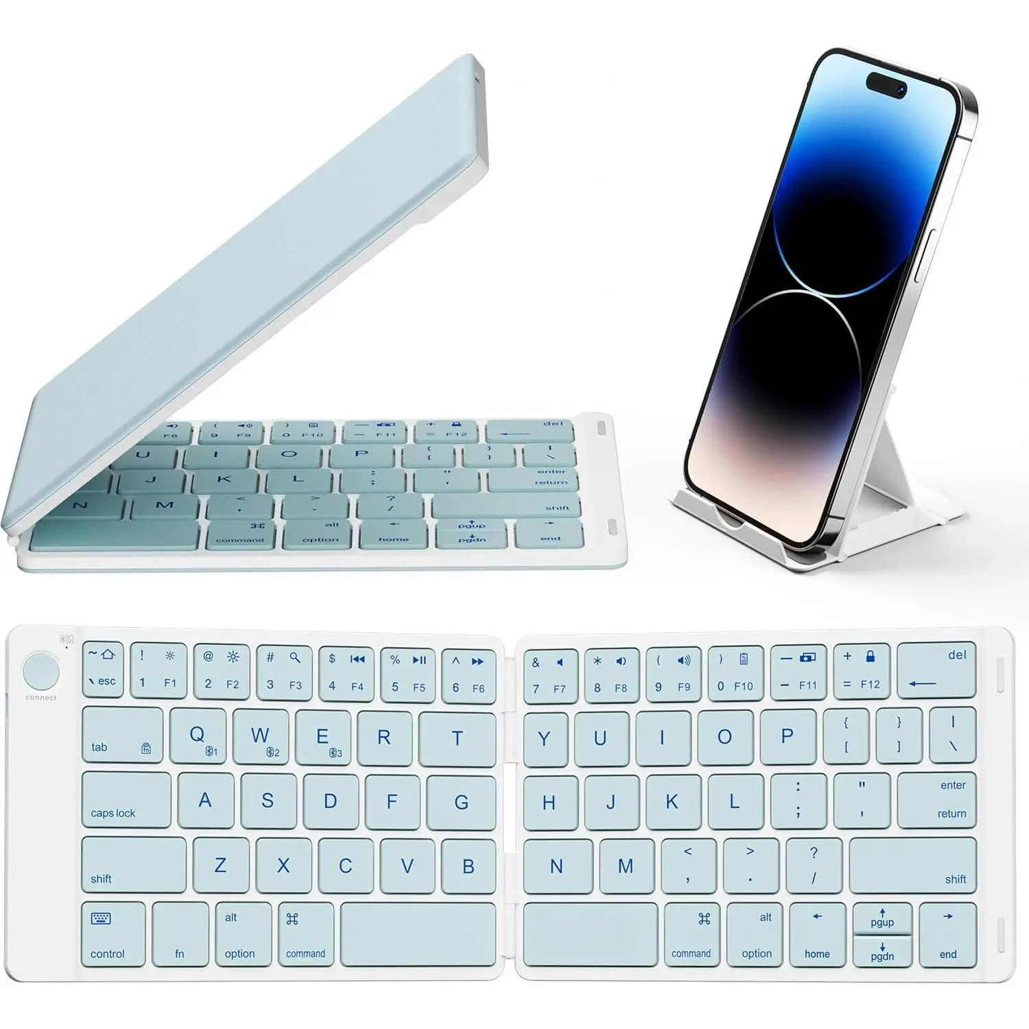 GJ F-KBB02 Ambidextrous Bluetooth 5.1 Foldable Keyboard, Ultra-Slim Full-Size Rechargeable Wireless Portable Keyboard, Connects Up to 3 Devices for iOS Android Windows Phones, Tablets, Laptops, Blue