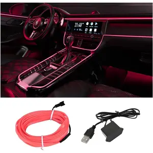 16FT Cuttable EL Wire Car Interior Lights, 5V USB-Powered Auto LED Strip Lights with Sewing Edge, Romantic Glow Automotive Underglow Accessories (Pink)