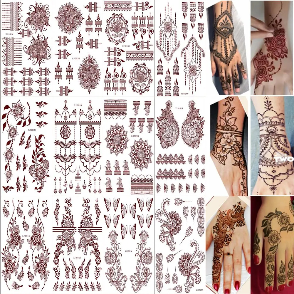 12 Sheets Henna Temporary Tattoo Kit, Waterproof Brown Tattoo Stickers for Girls Women Wedding Party Body Art Stickers (Brown-2) cohesive tattoos