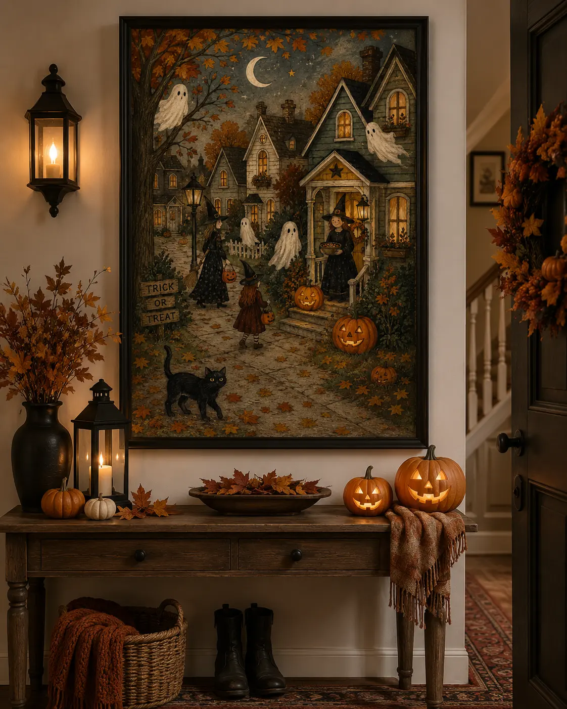 Vintage Trick or Treat Street Poster, Cute Ghost and Witch Halloween Wall Art, Cozy Fall Storybook Print, Spooky Kids Room Decor, Unframed Autumn Artwork for Nursery Bedroom Playroom