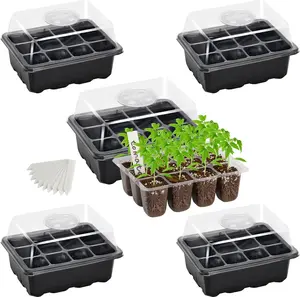 5-Pack Seed Starter Tray Seedling Kits,Plant Starter Kit with Adjustable Humidity Dome and Base Indoor Greenhouse Mini Propagator for Seeds Growing Starting (12 Cells per Tray,Black)