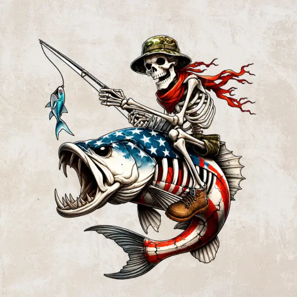 Skeleton Fishing Sticker, Grim Reaper Riding American Flag Monster Fish Vinyl Decal, Waterproof Resistant Truck Boat Tackle Box Sticker