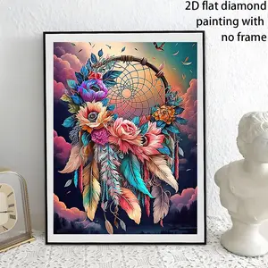 1 Dream Feather Dreamcatcher Theme Diamond Painting DIY Handmade Set, a gorgeous retro style mosaic gemstone crystal rhinestone digital painting artwork,  sparkling wall decoration paintings (frameless), unique bedroom, foyer, and study decoration murals