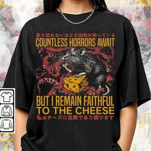 Faithful To The Cheese Shirt Vintage Japanese Horror Rat Graphic Tee Tokyo Weird Streetwear Gifts Unisex Shirt Hoodie Sweatshirt