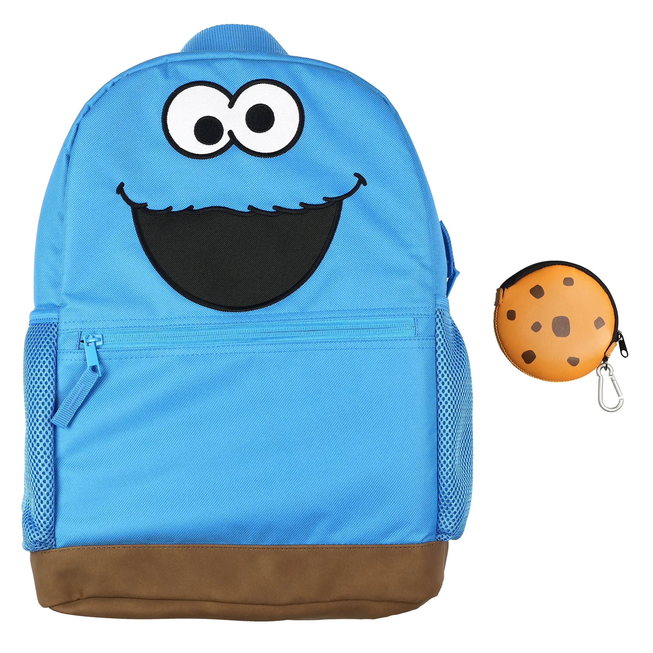 Sesame Street Backpack Cookie Monster Character 16" Book Bag with Keychain Cookie Tech Coin Pouch, Backpacks For School, Cute Backpacks For School