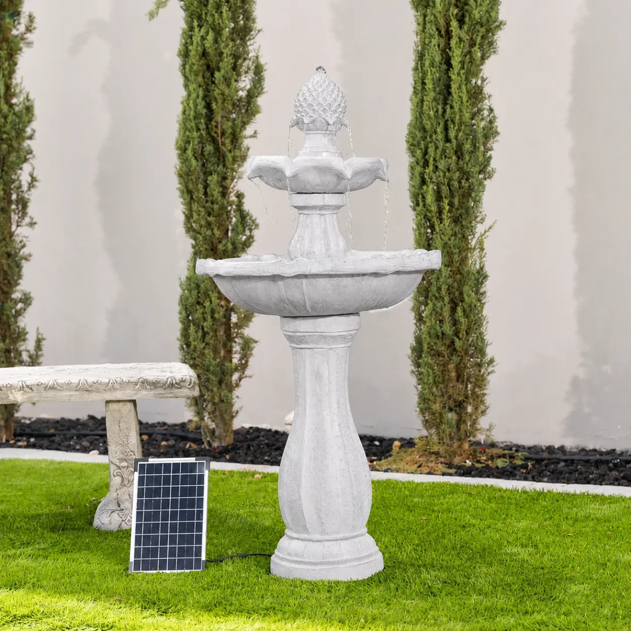 Solar Outdoor Fountain – 2-Tier Design, 44" Fiberglass/Resin, Panel & Pump Included