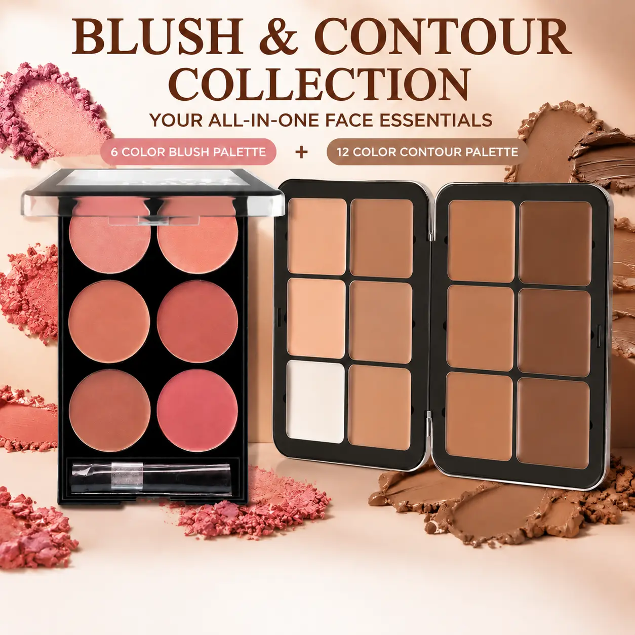 6 Color Blush Palette & 12 Shades Cream Contour Palette All-in-One Face Makeup Set, Matte Blush Powder Cream Bronzer Highlighter Contour Kit, Long Lasting Blendable Face Cheek Sculpting Makeup Palette for Women