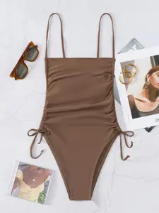 Women's Solid Tie Side Wrap One-piece Swimsuit, Swimsuit Bodysuit, Casual Elegant Sleeveless Swimwear for Beach Holiday Vacation, Ladies Swimsuit for All Seasons