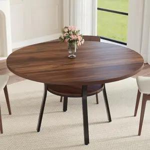 47" Round Dining Table for 4-6, Wood Kitchen Table with Shelf Farmhouse Circle Dinner Table for Dining Room, Living Room, 4 Strong Leg