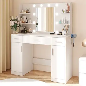 White Vanity Desk with Lighted Mirror & Power Outlet, Makeup Vanity with Drawers, Shelves, Cabinet & Hair Dryer Holder for Bedroom Girls