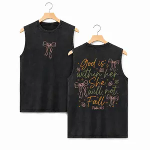 Menswear Distressed Vintage Acid-Washed Sleeveless Tank Top - God's Got My Back Joshua 1:9 Colorful Bubble Letter Double-Side Print, Tiny Chest Logo Faith Top For Christian Men Summer Casual Streetwear