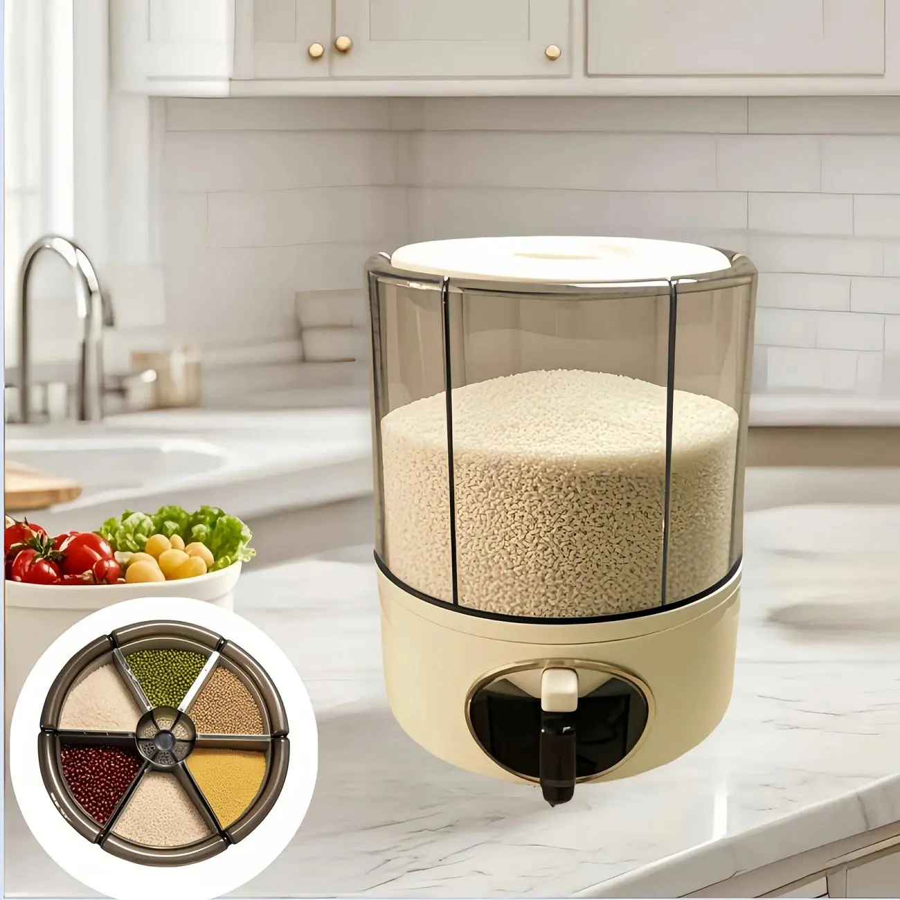 360 Degree Rotating Grain Storage Container, Six-Grid Food Dispenser with Moistureproof Lid, Transparent Home Use Grain Bin System, Food Storage Containers