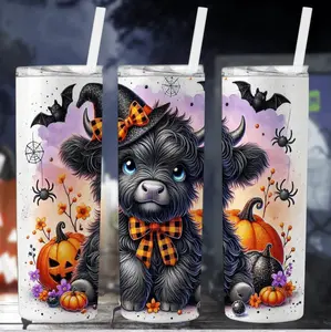 Spooky Highland Cow Halloween Tumbler with Built-in Straw Insulated Cup for Hot and Cold Drinks Ideal for Festive Celebrations