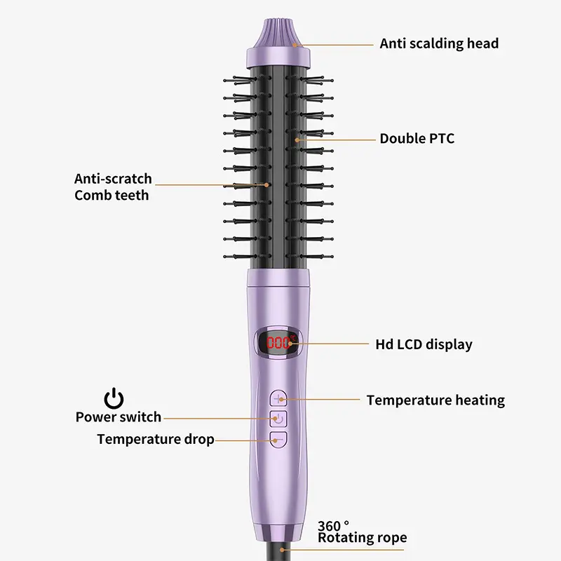 Porcelain Infrared Thermal Bounce Brush - Heatless Curling Styler, Negative Ion Dry Hair Straightener Comb with Infrared Technology, Purple