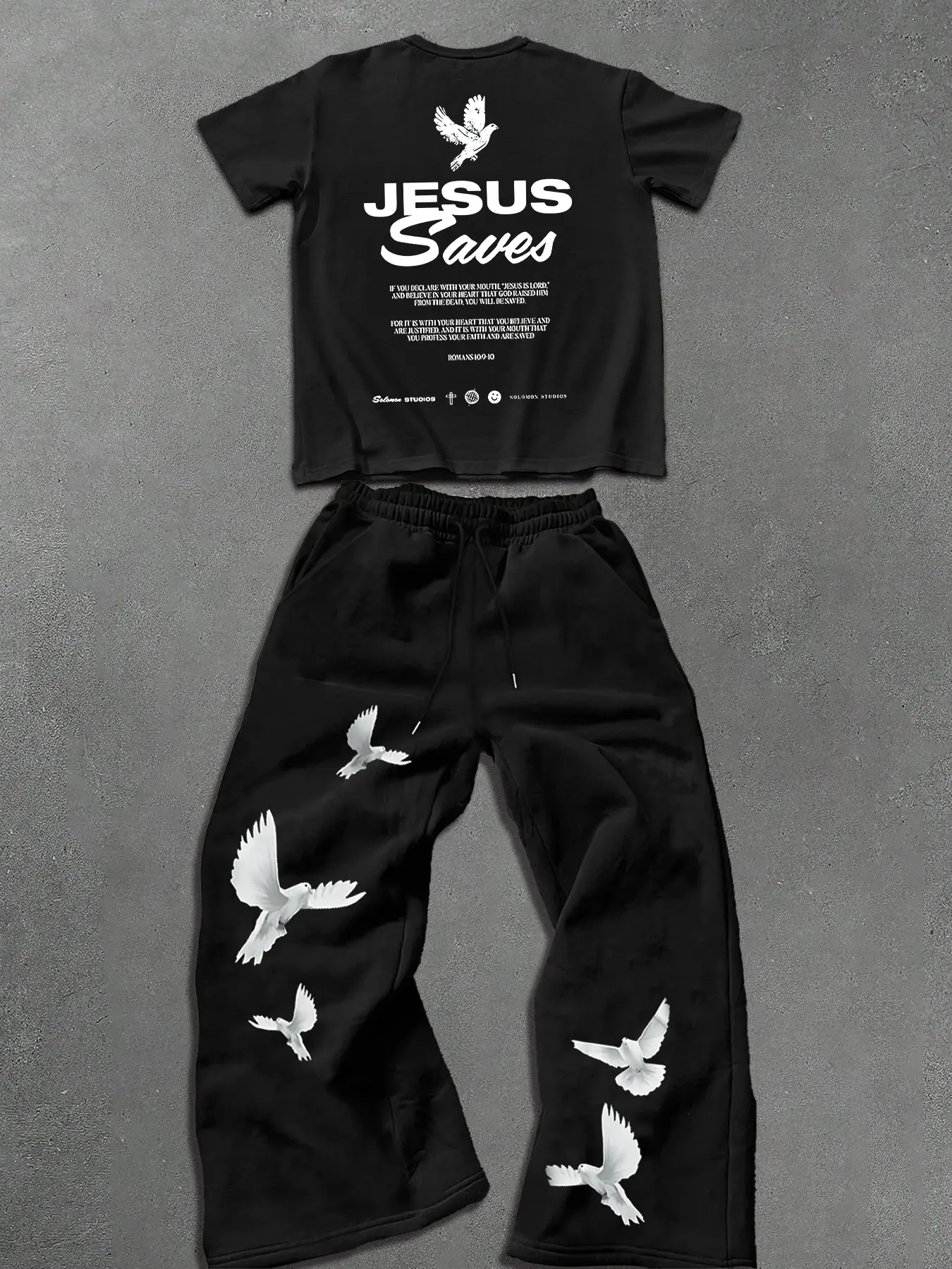 Men's Two-Piece Set Jesus Saves Graphic Print Fitted Short Sleeve T-Shirt & Dove Wide-Leg Trouser Pants, Streetwear Style, Spring & Fall Fashion Clothes