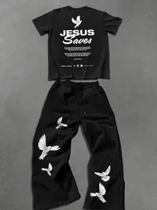 Men's Two-Piece Set Jesus Saves Graphic Print Fitted Short Sleeve T-Shirt & Dove Wide-Leg Pants, Streetwear Style, Spring & Fall Fashion