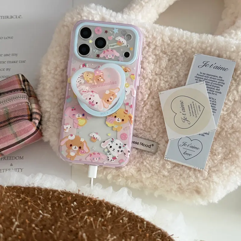 Magnetic Two-In-One Rainbow Bunny Phone Case with Heart Shaker Stand, Compatible with iPhone 18 Pro Max, 17 Pro, 16 Pro Max, 15 Pro Max, 14 Pro, 13 Pro Phone Cover