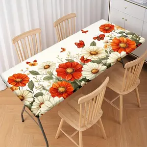 1pc Vibrant Orange & Red Daisies Tablecloth with Elastic Edges  Wipeable Polyester Rectangular Dining Cover for Outdoor Picnics Camping Holiday Parties & Home Decor Rectangular Tablecloth