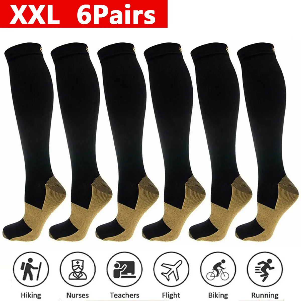 Copper Compression Ankle Socks for Men, 6 Pairs XXL, Non-Slip 20-30mmHg Graduated Support for Increased Blood Flow and Varicose Veins, Spandex Socks, Prevents Inflammation, Compression Athletic Socks, Sock Packs