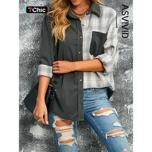 Women's Casual Elegant Plaid Print Colorblock Button Front Pocket Loose Corduroy Shirt Jacket Coat, Fall Fashion Outerwear