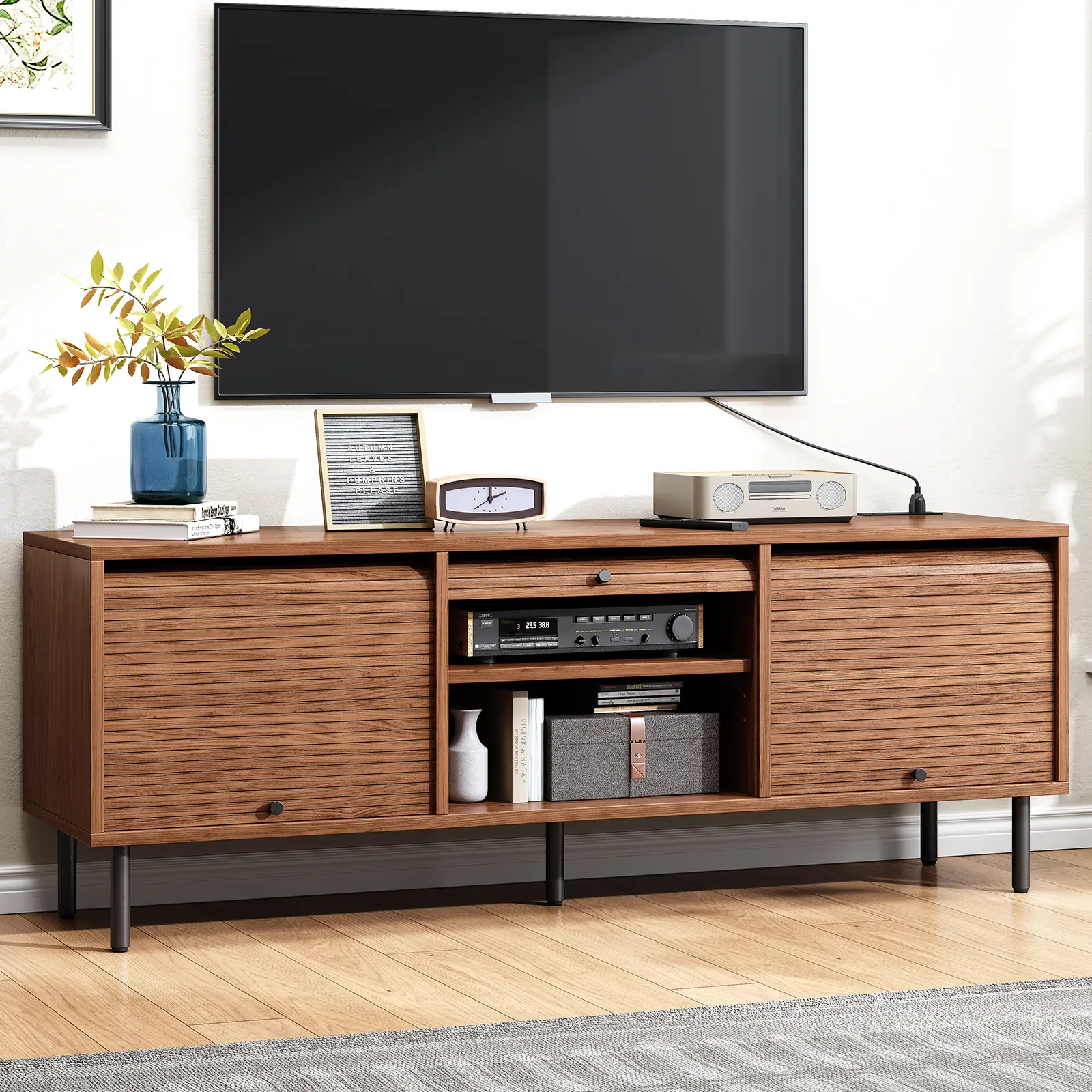 【BackToSchool】ONBRILL 59 Inch TV Stand for TVs up to 65 Inch, Entertainment Center with Power Outlet, Mid-Century Modern TV Console with Storage, Adjustable Shelf & Sliding Doors, TV Stand for Living Room,dorm essentials,home decor