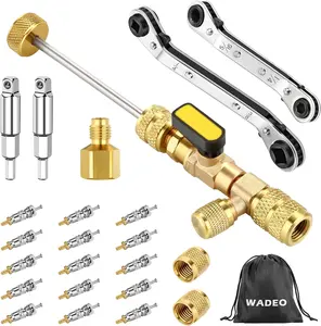 WADEO Valve Core Remover Tool & Hvac Service Wrench Set with Hex Bit Adapters, Dual Size SAE 1/4 & 5/16 Port, Hvac Tools with 15 PCS Valve Cores, 2 PCS Brass Nuts for HVAC Equipments Repair Fluorine Heat