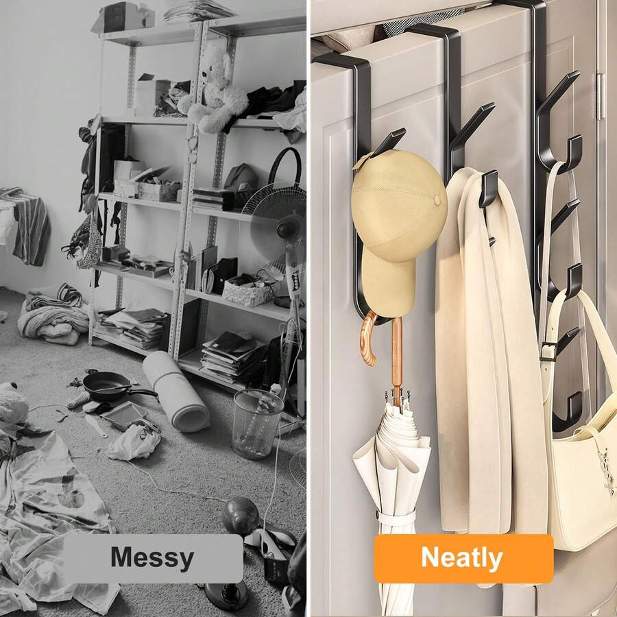 1pc/2pcs Carbon Steel Over-The-Door Hook - Heavy Duty Metal Multipurpose Towel Rack| Space-Saving Vertical Design Storage Hanging Hook Rack| Bathroom Over-The-Door Towel Hanger, Titanium Color, No Drilling Required, Suitable For Bedroom