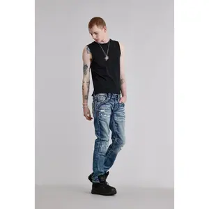 rr Men's Mattie Straight Denim Jeans - Embroidery Accents, Leather Detailing, Functional Pocket Design, Streetwear Casual Men's Bottoms