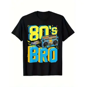 Men'S Vintage 80s Graphic T-Shirt - "80'S Bro" Retro Party Tee, 100% Cotton, Round Neck Short Sleeve, Black with Colorful 80s Design, Casual Streetwear, Sizes S-XXXL