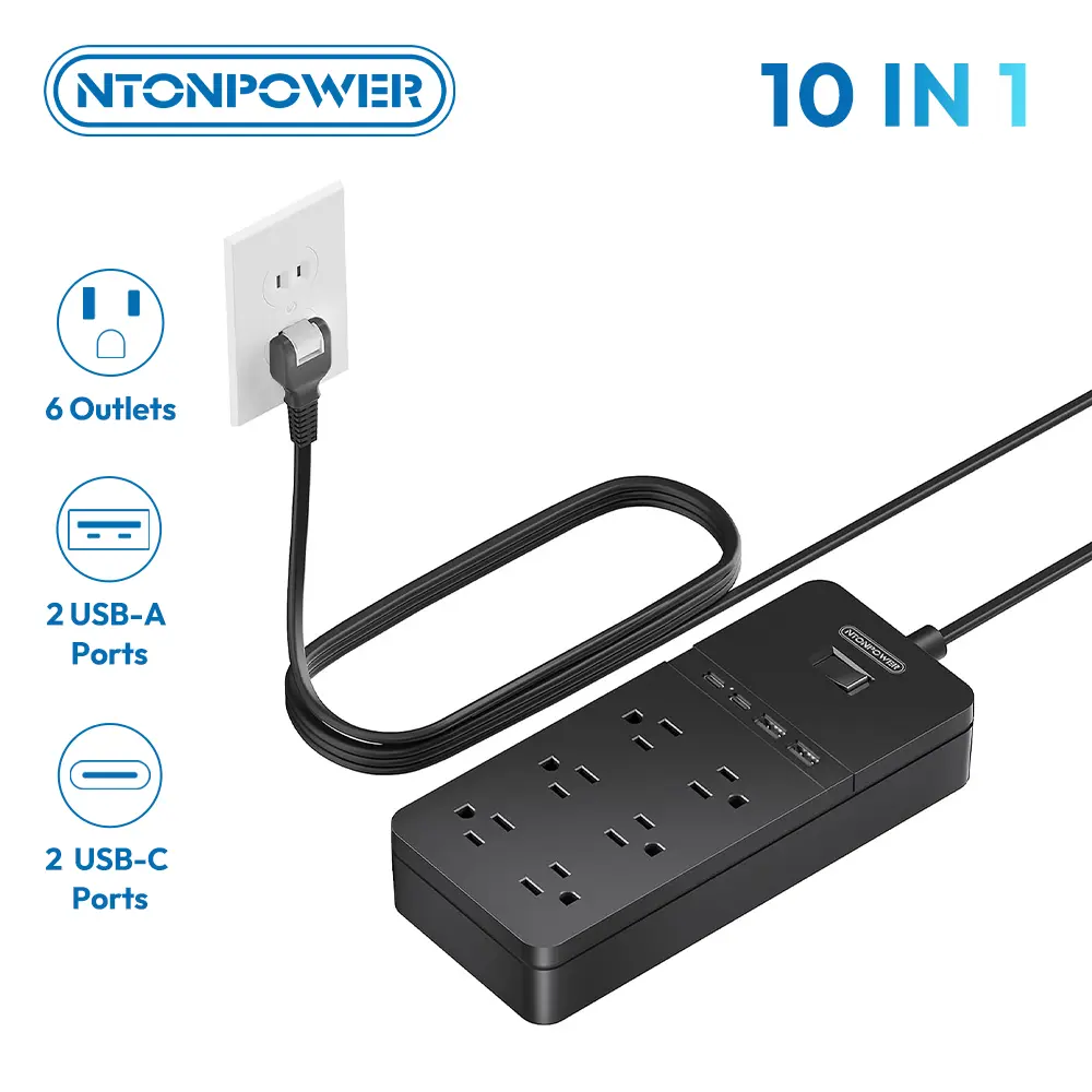 2 Prong Surge Protector Power Strip with 10ft Extension Cord, NTONPOWER 2 Prong to 3 Prong Outlet Adapter with 6 Outlets 2 USB Ports, 2100J Surge Protector Wall Mount for Old House Non-Grounded Outlet backtoschool