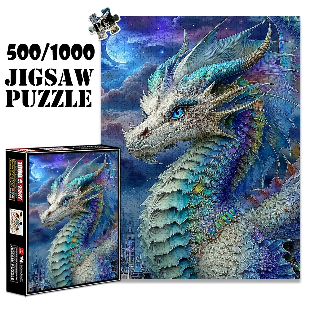 1pc 1000 piece adult puzzle 70x50cm Fantasy Dragon Under Moonlit Sky with Cityscape 500 pieces paper jigsaw puzzle Art Puzzles suitable for DIY creative games for adults and families, birthday and holiday stress